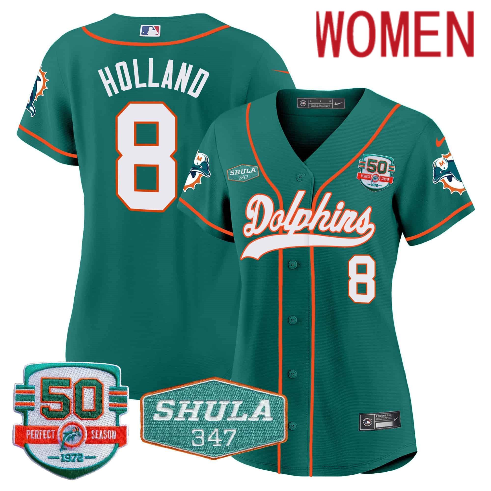 Women Miami Dolphins #8 Holland Green 2024 Nike 50th Don Shula Memorial Patch Baseball NFL Jersey style 1
